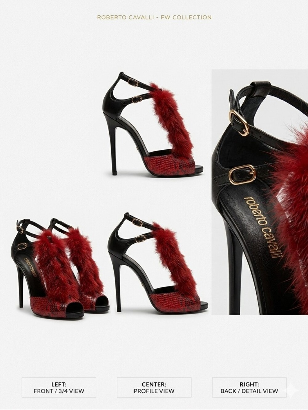 ROBERTO CAVALLI Red Flame Python & Silver Fox Fur Women'‎ Sandals Size 11